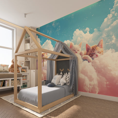 Cat cloud wallpaper in cozy nursery with rocking chair and soft lighting