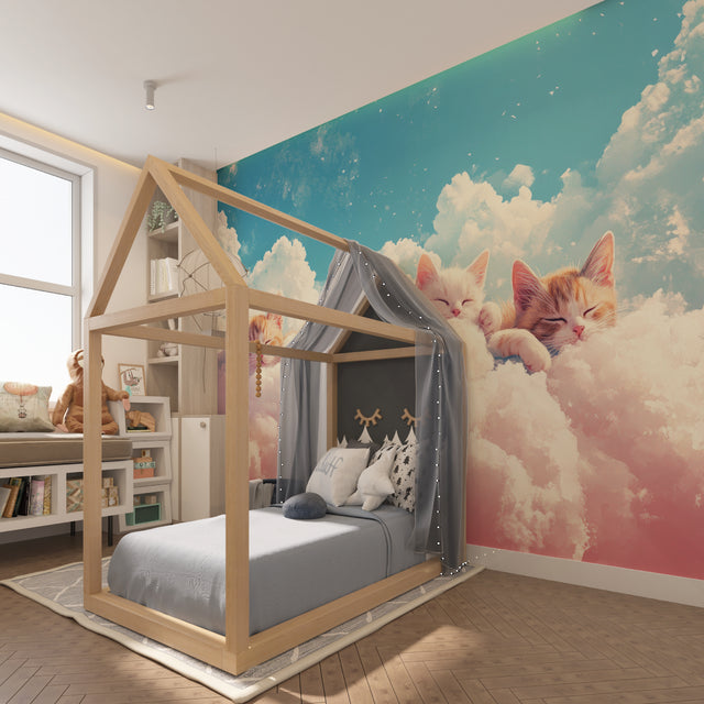 Cat cloud wallpaper in cozy nursery with rocking chair and soft lighting