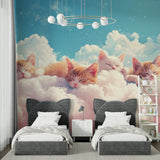 Dreamy cat wallpaper bringing magic to a child's reading nook