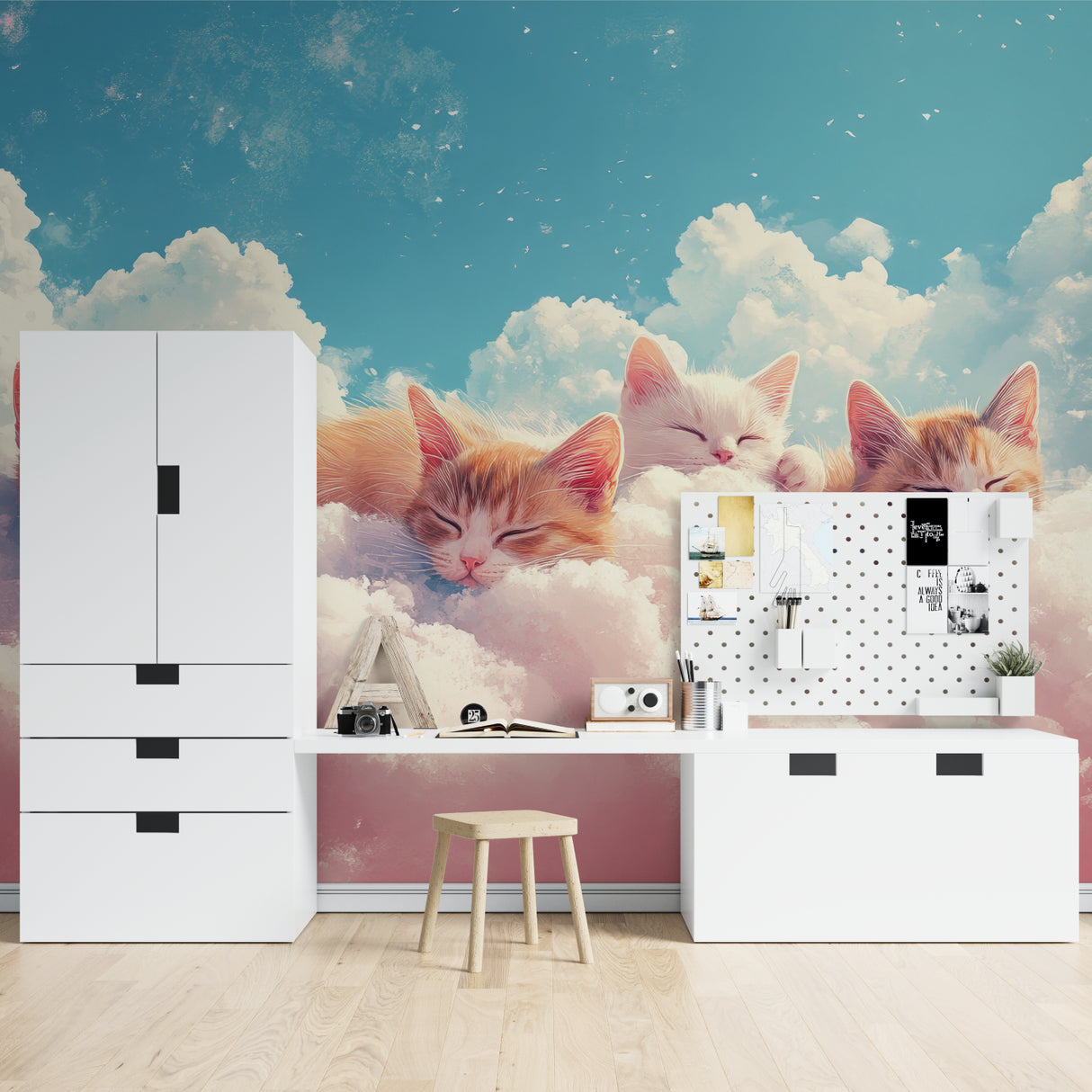 Kids bedroom featuring sweet cat and cloud mural wallpaper