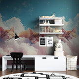 Playroom decorated with cat cloud wallpaper and pastel accents