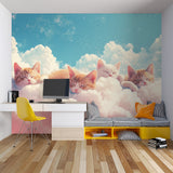 Girl's bedroom with magical cat wallpaper and matching decor