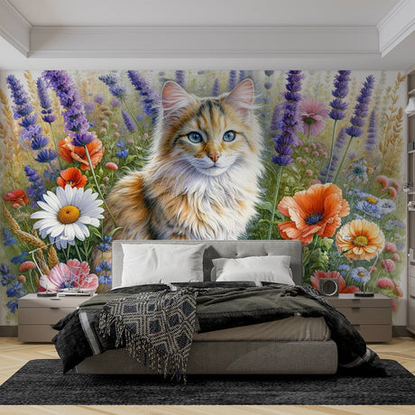 Cat mural wallpaper showcased in a bright living room setting, ginger cat among purple and orange flowers creating depth