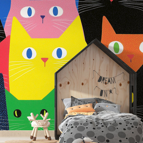Modern cat wallpaper with geometric patterns brightens up a minimalist living room with its vibrant pop art style