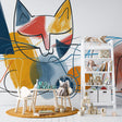 Modern cat line art wallpaper in bright contemporary living room with minimalist furniture
