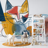 Modern cat line art wallpaper in bright contemporary living room with minimalist furniture