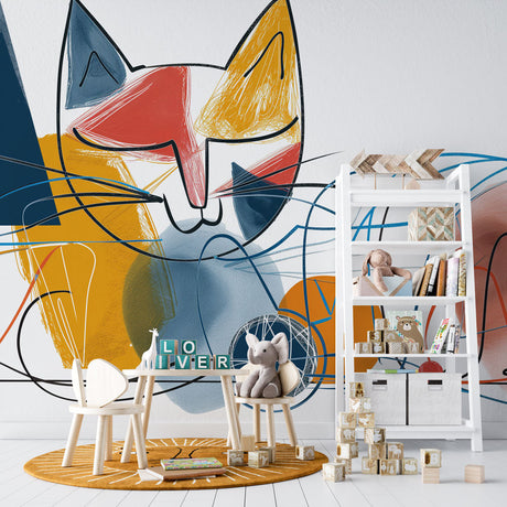 Modern cat line art wallpaper in bright contemporary living room with minimalist furniture