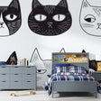 Modern black and white cat line art wallpaper in a minimalist home office, creating a clean and sophisticated atmosphere