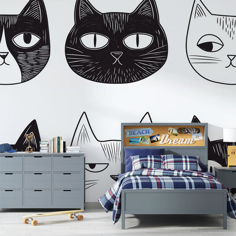 Modern black and white cat line art wallpaper in a minimalist home office, creating a clean and sophisticated atmosphere