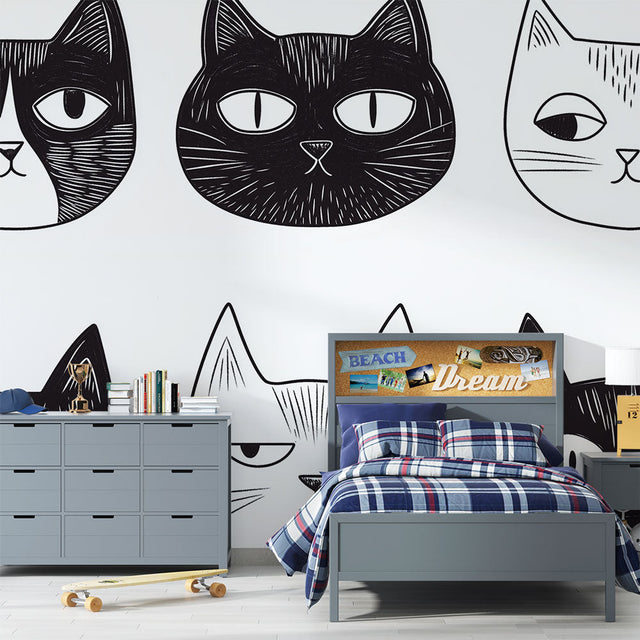 Modern black and white cat line art wallpaper in a minimalist home office, creating a clean and sophisticated atmosphere