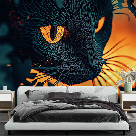 Mystical cat wallpaper with golden eyes creating drama in a modern living room with dark furniture and ambient lighting