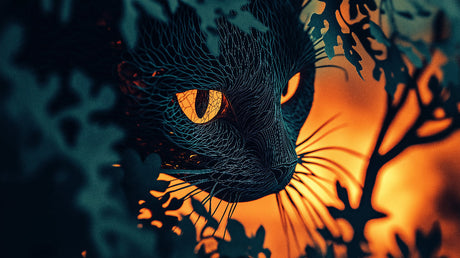 Cat mural wallpaper design file showing detailed teal-blue fur pattern and mesmerizing golden eyes
