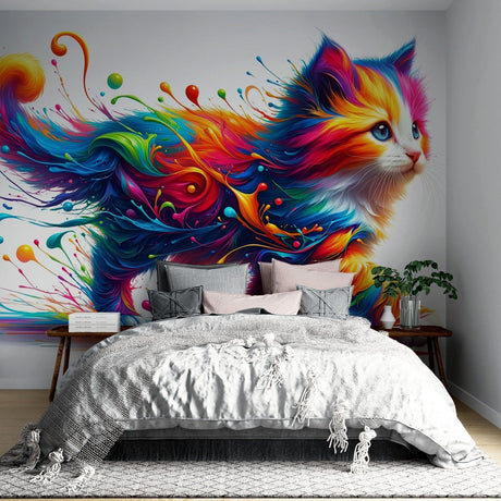 Rainbow Cat Mural Wallpaper bringing vibrant colors to a modern living room, creating an artistic focal point