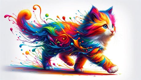 Cat with rainbow paint splash design file showing intricate color patterns and artistic details