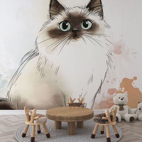 Watercolor cat mural wallpaper with green eyes creating a stunning focal point in a modern living room setting