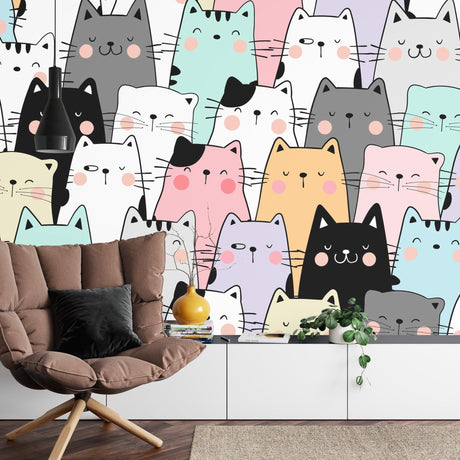 Cute Cat Pattern Wallpaper in a bright nursery with white furniture and soft toys