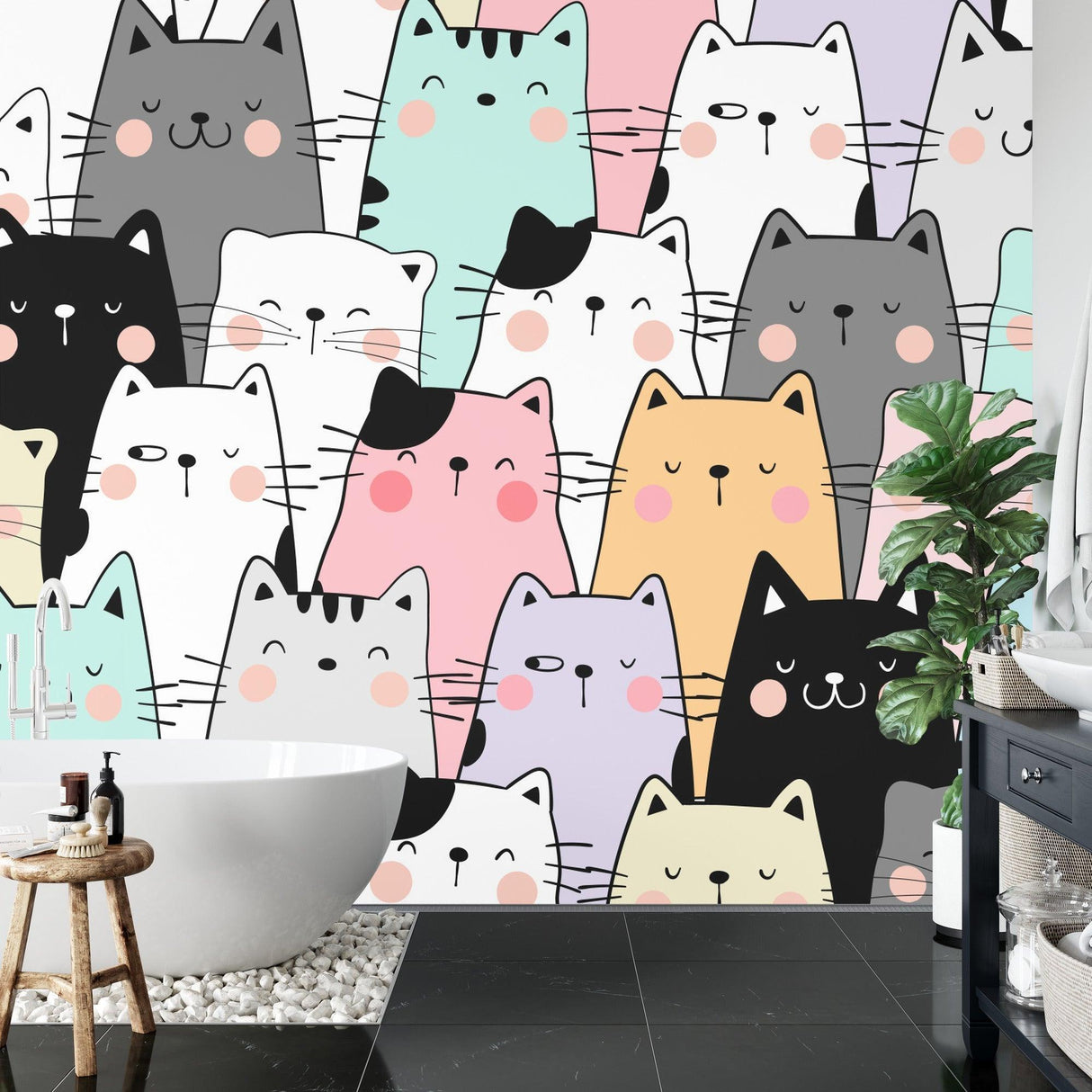 Pastel Cat Wallpaper in a kids' playroom with reading nook and colorful accessories