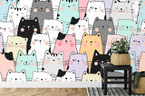Cartoon Cat Pattern Wallpaper in a modern children's bedroom with pink accents