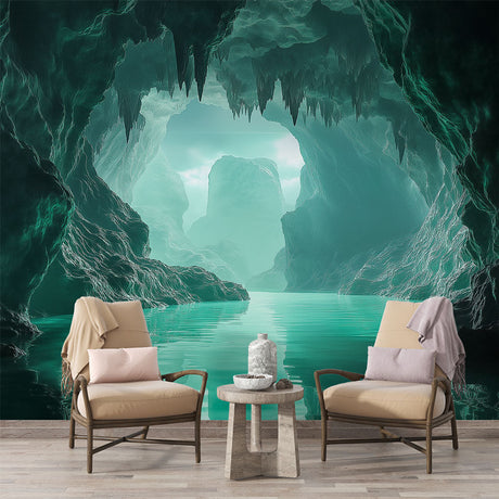 Turquoise cave wallpaper creating a serene atmosphere in a modern bathroom with freestanding tub