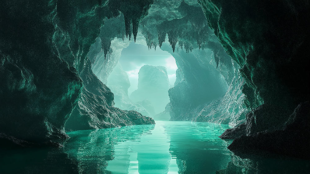 Underwater cave design file showing detailed turquoise water and stone formations