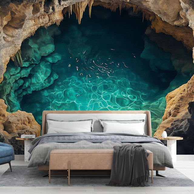 Cave lake wallpaper bringing depth to a modern living room, emerald waters reflecting on white furniture