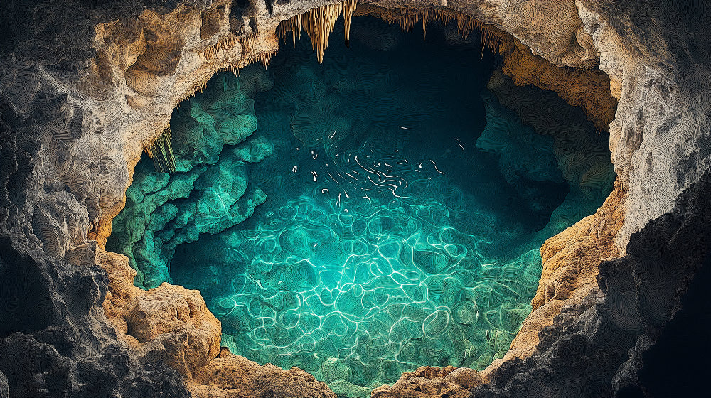 Underground cave lake design file showing detailed emerald waters and limestone formations