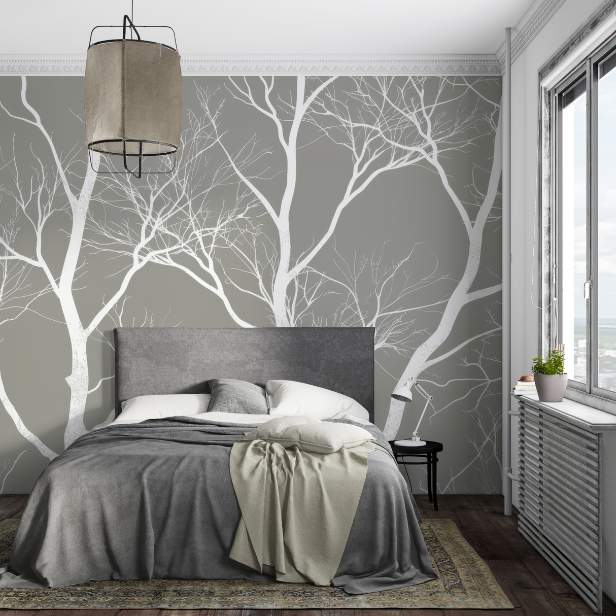 Tree Mural Wallpaper | White Branches on Grey Background