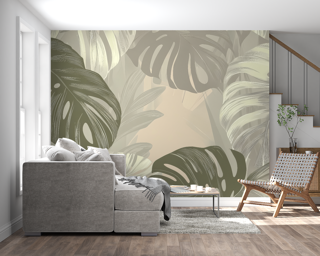 Monstera Mural Wallpaper | Elegant Green and Beige Design