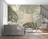 Monstera Mural Wallpaper | Elegant Green and Beige Design