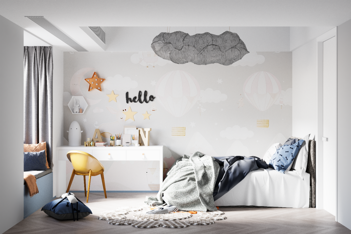 Hot Air Balloon Mural Wallpaper | Pink Nursery Sky Adventure