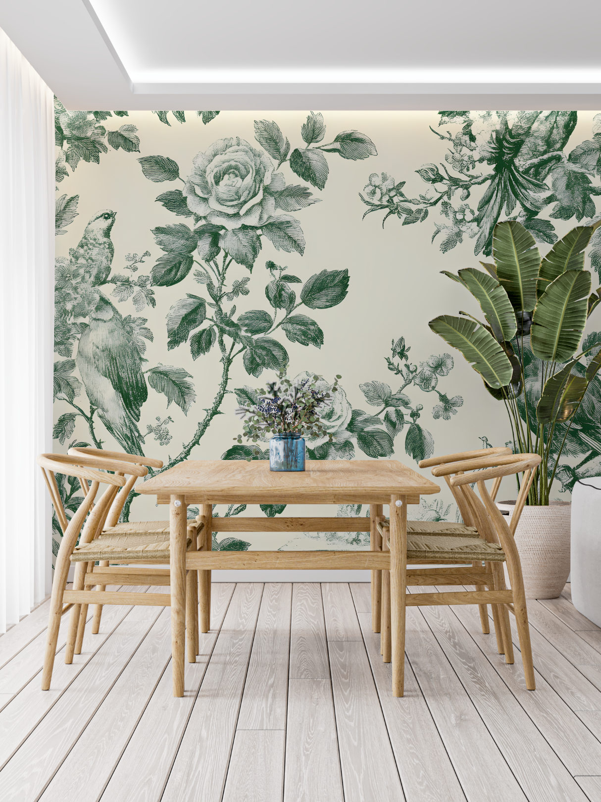Vintage Floral Mural Wallpaper | Green Birds and Roses Toile de Jouy