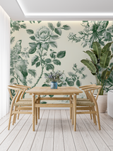 Vintage Floral Mural Wallpaper | Green Birds and Roses Toile de Jouy