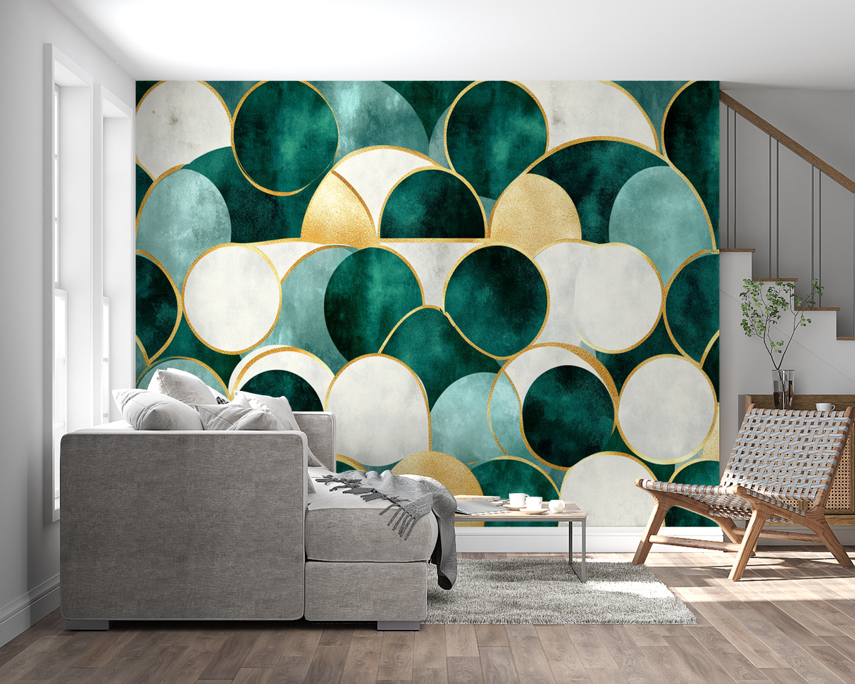 Geometric Mural Wallpaper | Art Deco Green and Gold Circles