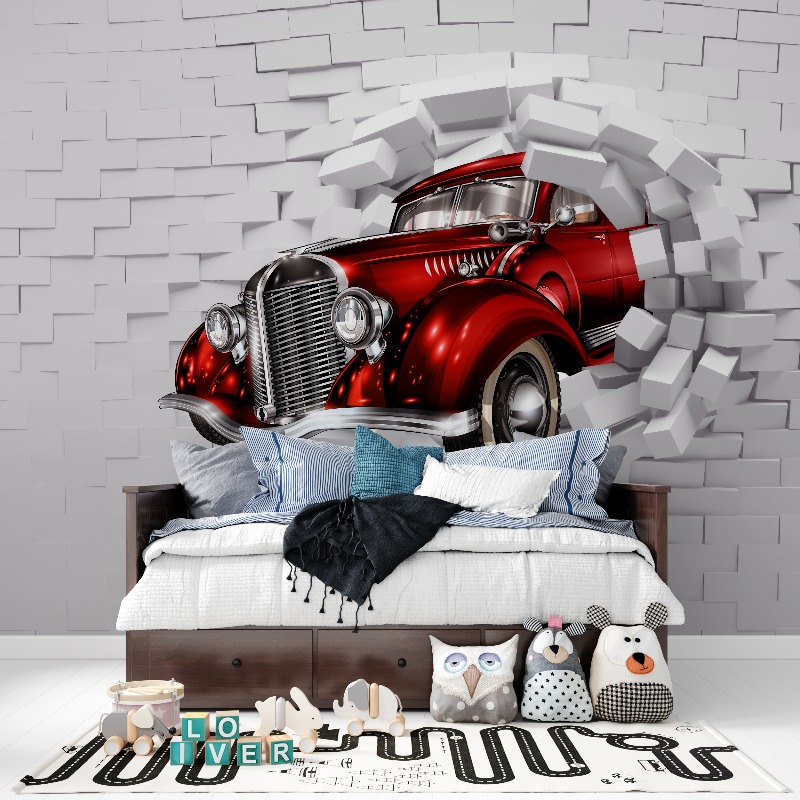 Vintage Car Mural Wallpaper | 3D Red Classic Auto Breaking Through Wall