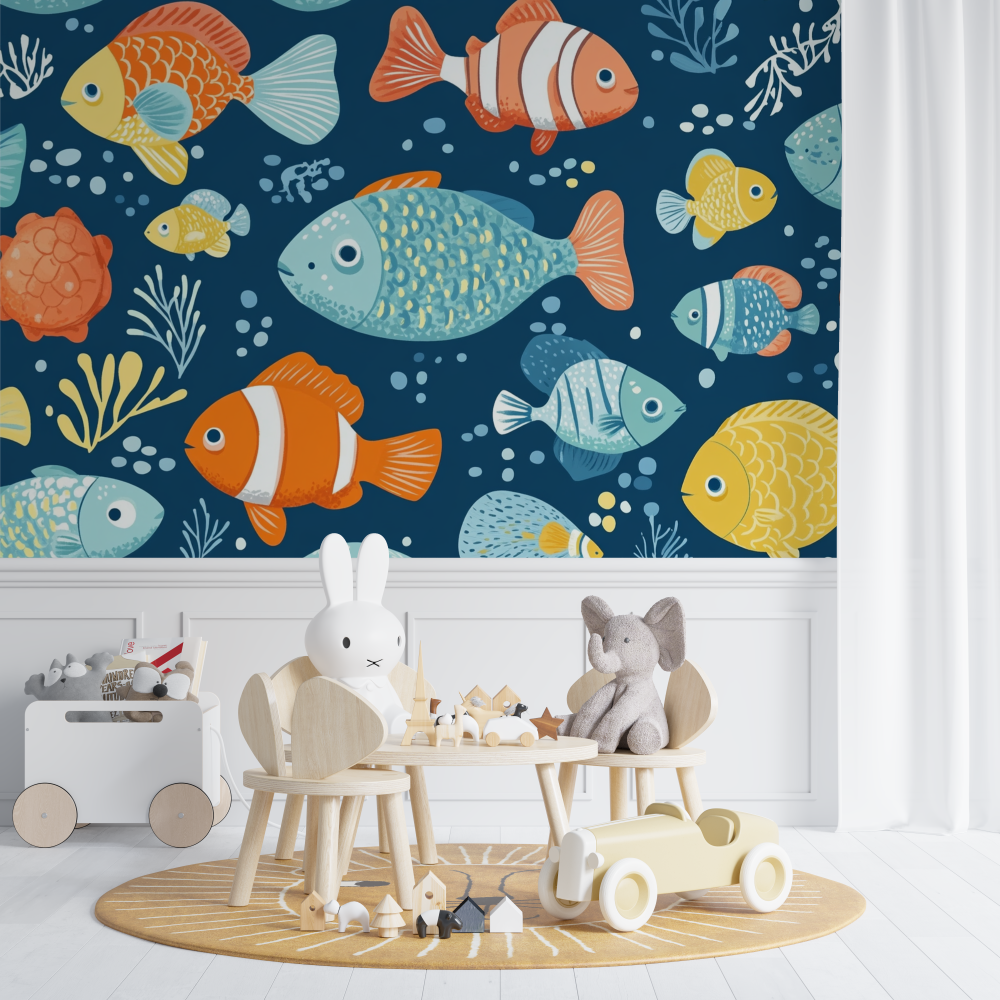 Marine Animals Mural Wallpaper | Playful Ocean Fish Design