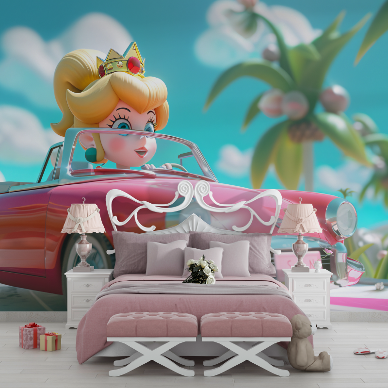 Princess Mural Wallpaper | Pink Convertible in Tropical Paradise