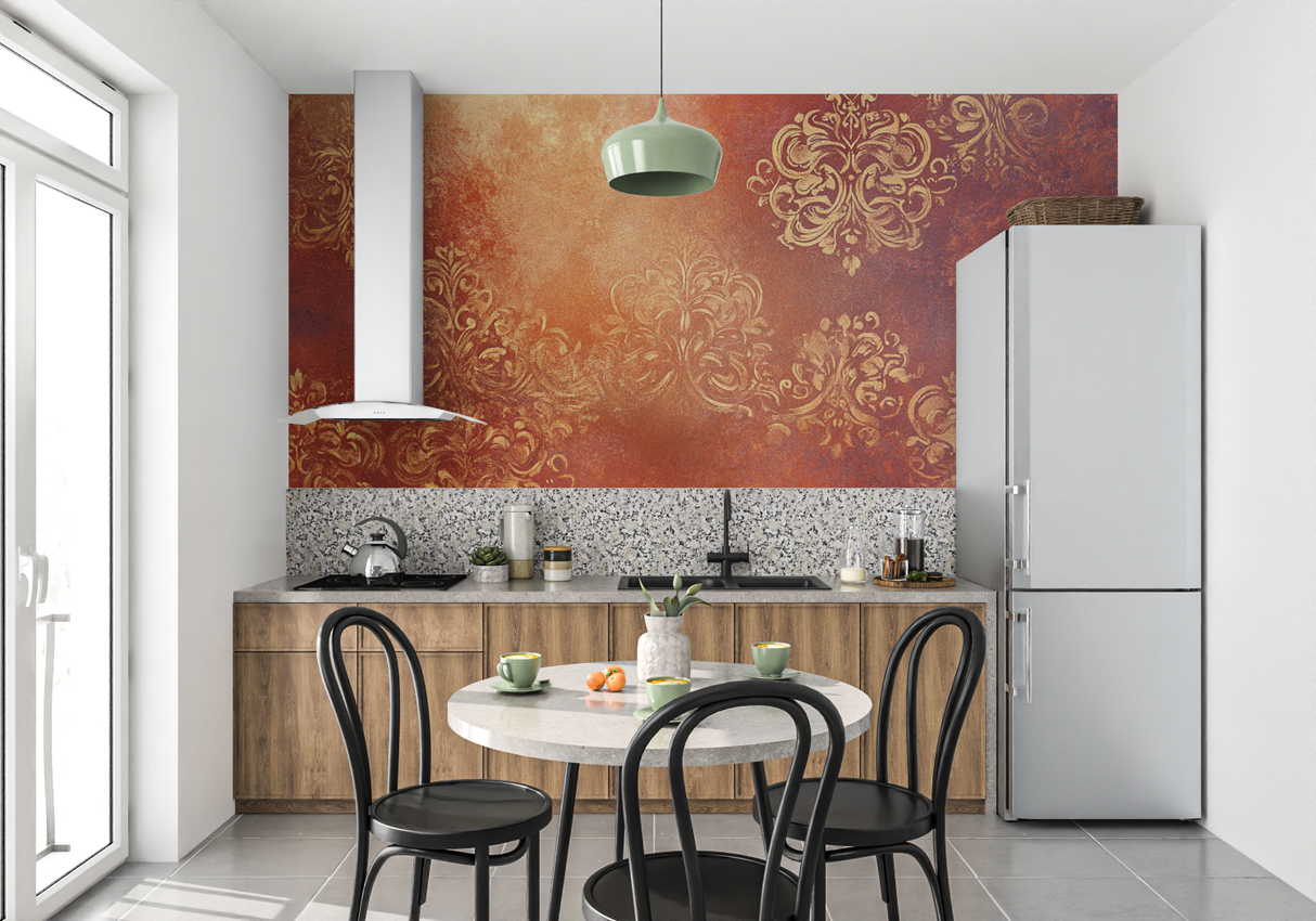 Baroque Mural Wallpaper | Terracotta and Gold Damask Pattern