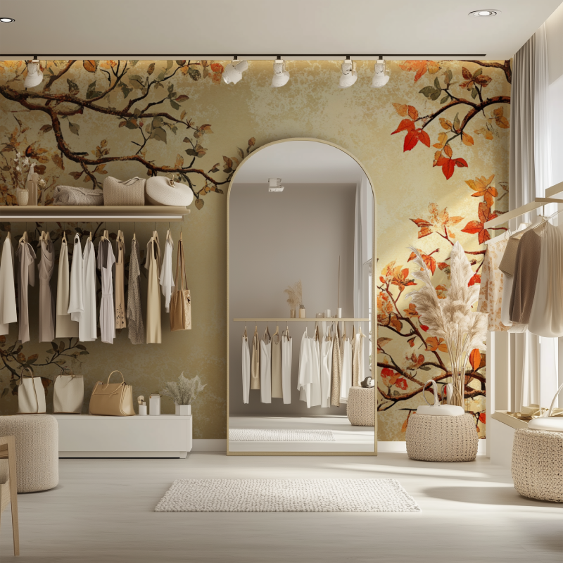 Japanese Tree Mural Wallpaper | Autumn Leaves on Beige Background