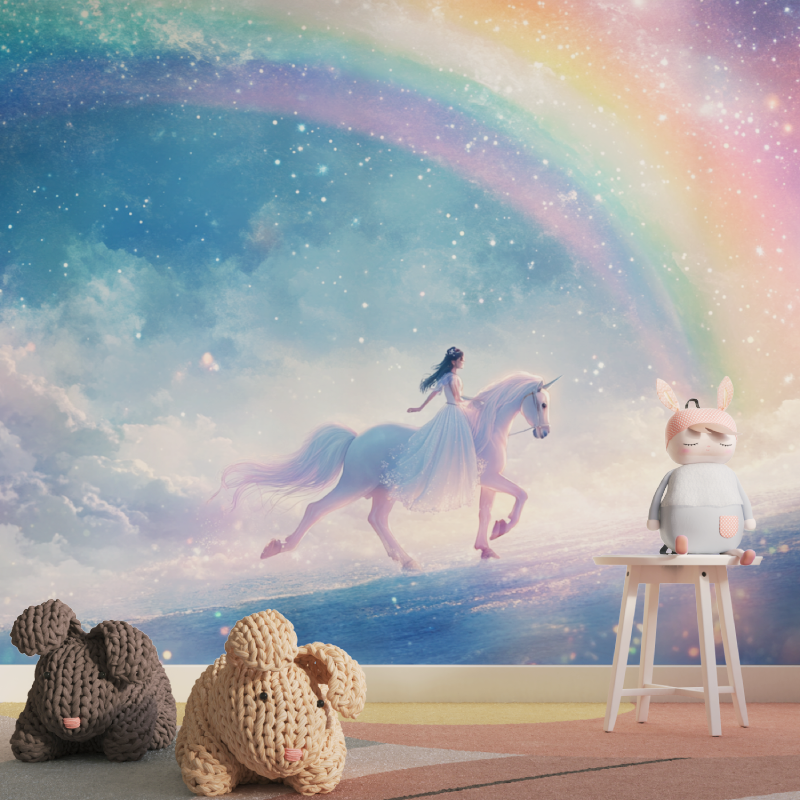 Unicorn Mural Wallpaper | Rainbow Fantasy with Magical Sky