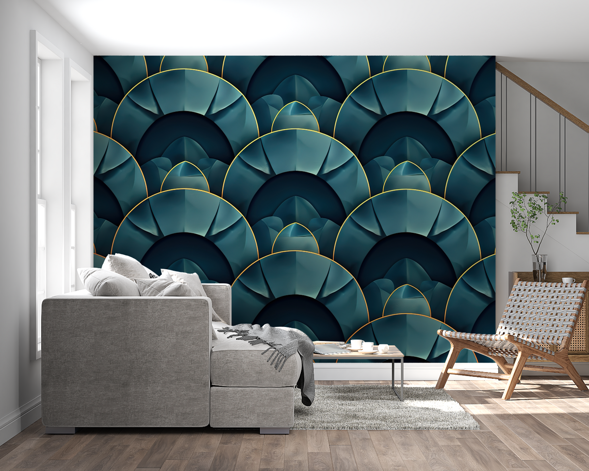 Art Deco Mural Wallpaper | Emerald Green Fan Pattern with Gold Lines