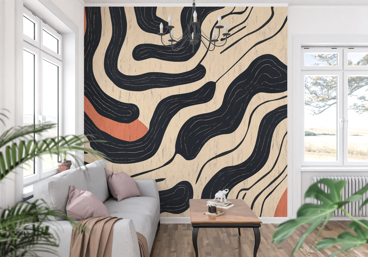 Abstract Mural Wallpaper | Modern Curves With Terracotta Accents