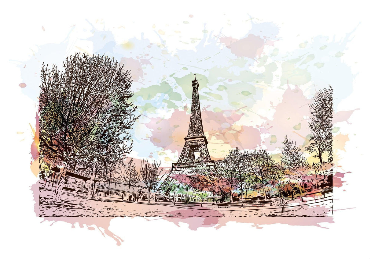 Paris Mural Wallpaper | Watercolor Eiffel Tower Scene