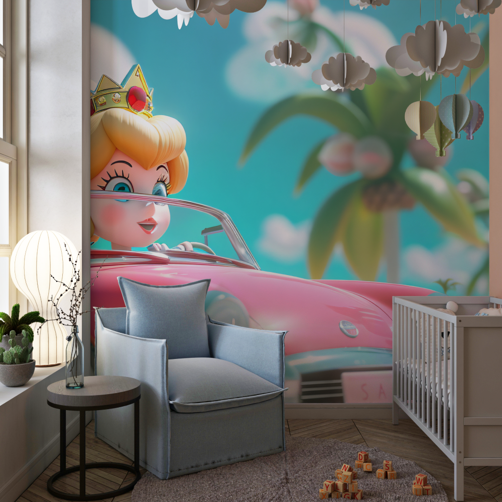 Princess Mural Wallpaper | Pink Convertible in Tropical Paradise