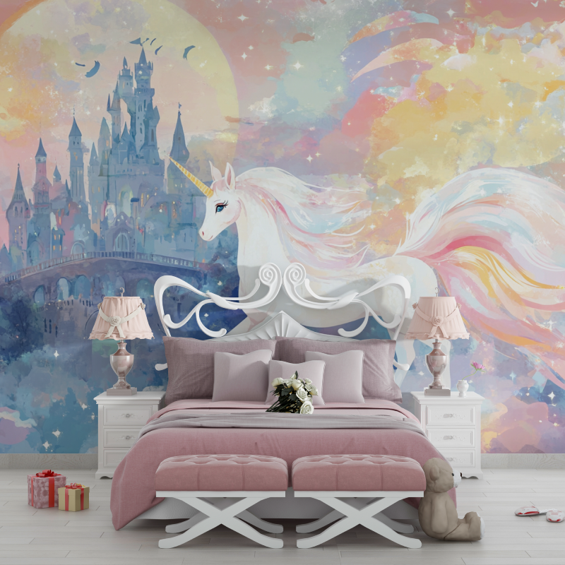 Unicorn Mural Wallpaper | Magical Castle with Rainbow Sky