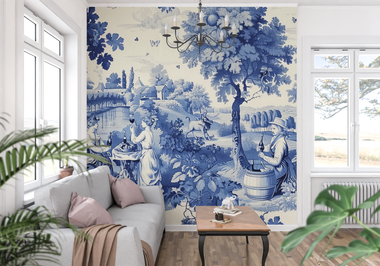 Vintage Mural Wallpaper | Blue Toile de Jouy Countryside Scene