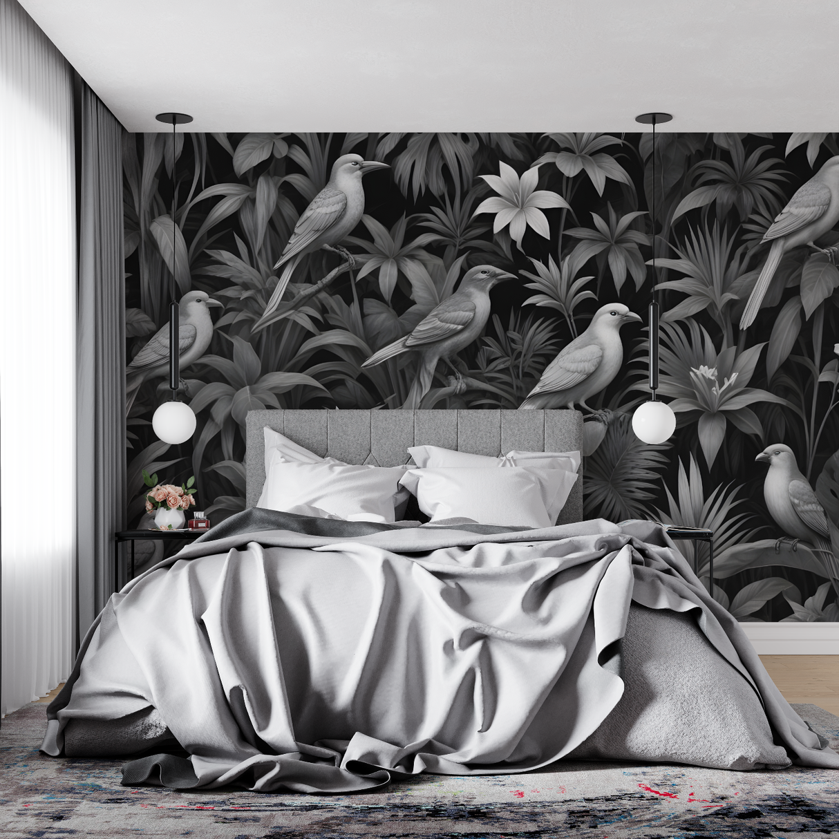 Tropical Birds Mural Wallpaper | Black and White Nature Design