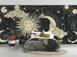 Celestial wall mural creating a magical atmosphere in a modern bedroom with soft lighting