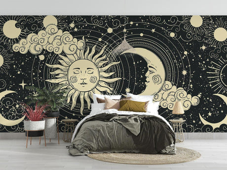 Celestial wall mural creating a magical atmosphere in a modern bedroom with soft lighting