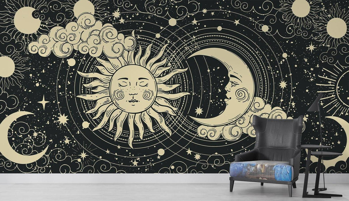 Sun and moon wallpaper bringing cosmic charm to a cozy reading nook
