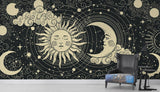 Sun and moon wallpaper bringing cosmic charm to a cozy reading nook